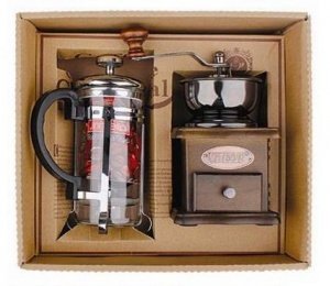 Tolles Kaffee Geschenk Set - 2 teilig - 1 Kaffeemühle Holz und einem Kaffebereiter- Stempelkanne