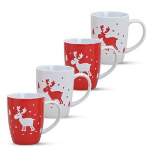 Weihnachtstassen Tassen Becher Rentier rot weiß 4 Stk. je 11 cm Porzellan Glühweintassen Kaffeebec