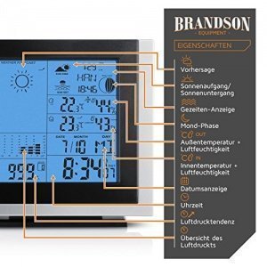 Brandson - Funkwetterstation mit Außensensor | inkl. Hygrometer / Barometer / Wecker | Mondphasen-A