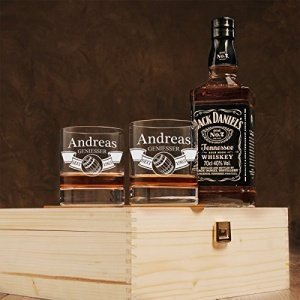 Holzkiste mit Jack Daniels No.7 | 6-tlg. Whisky Geschenk-Set New York Bar inkl. Gravur "Motiv - Fass