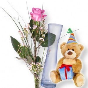 1 pinkfarbene Rose mit Vase und Glückwun