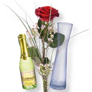 1 rote Rose und Vase und Goldtraum-Picco