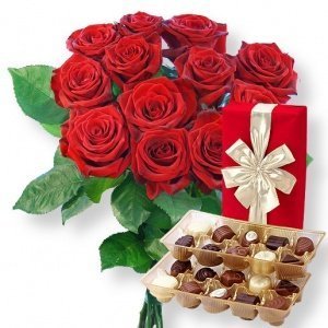 12 rote Rosen und Belgische Pralinen