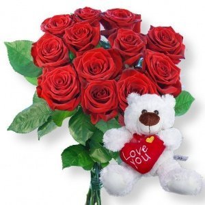 12 rote Rosen und Love-Teddy
