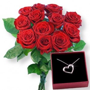 12 rote Rosen und silberne Herzkette
