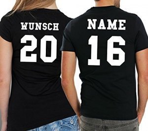 2 Partner Look Shirts mit Wunschname und Wunschzahlen auf Rücken für Pärchen als Geschenk
