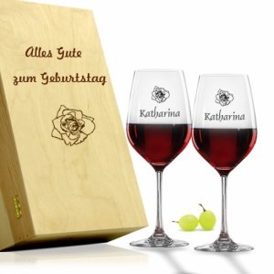 2 Rotweingläser in Holzkiste