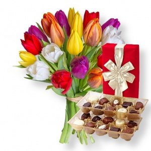 20 bunte Tulpen und belgische Pralinen