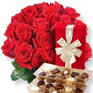 20 rote Rosen und Belgische Pralinen
