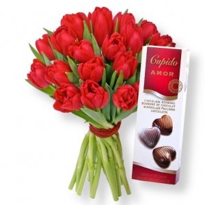 20 rote Tulpen und Pralinen-Herzen