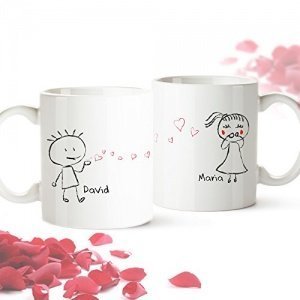 2er Tassen Set - Liebespaar - Personalisert mit Namen - zwei weiße Kaffetassen im Set