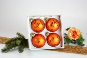 4 Christbaumkugeln Blutorange mit Dekor 
