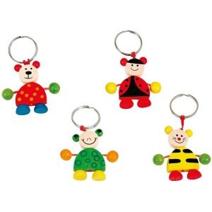 4 Schlüsselanhänger aus Holz mit bewegli