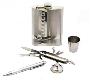 5 tlg. Set: Flachmann mit Multi-Tool - Rostfreier gebürsteter Edelstahl - Tolles Outdoor Geschenkse