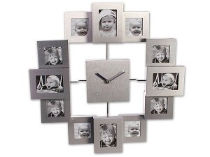 Aluminium - Wanduhr mit 12 Fotorahmen