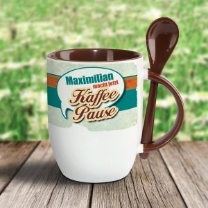 bunter Kaffee Pott mit Löffel und W