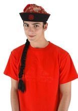 Chinese Asia Hut mit Zopf rot-gold-schwa