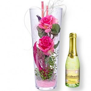 Deko-Vase Rosen rosa (40cm) und Goldtrau