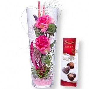 Deko-Vase Rosen rosa (40cm) und Pralinen