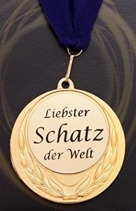 Edle Medaille/Auszeichnung mit Gravurschild "Liebster Schatz der Welt" und Umhängeband