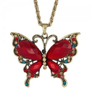 Elegante Schmetterling Vintage Kette / Kollier mit roten Glitzerflügeln und mehrfarbigen Strassstei
