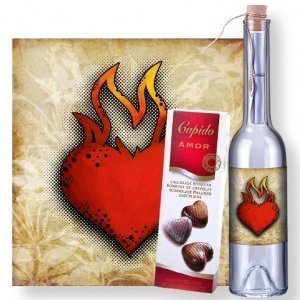 Flaschenpost Herz in Flammen und Praline