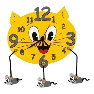 Gelbe Holzuhr mit Motiv Katze und Mäuse 