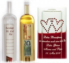 Geldgeschenke-Flasche mit Gravur und 2. 