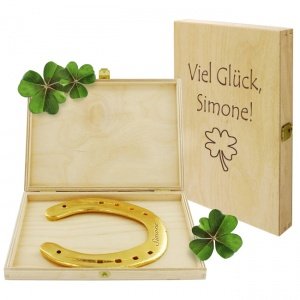 Goldenes Glücks-Hufeisen mit Holzbox