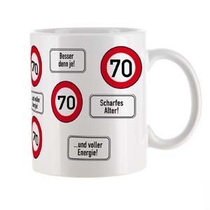 große Kaffeetasse zum 70. Geburtstag mit Verkehrszeichen *70*
