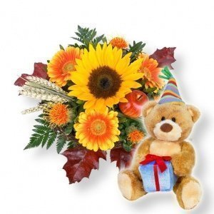 Herbstsonne und Glückwunsch-Teddy