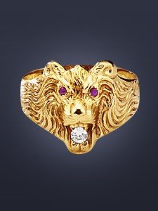 Herrenring ?Löwenkopf, Gold? mit Rubin u