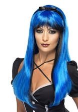 Hexe Gothic Perücke lang blau-schwarz