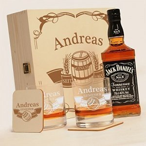 Holzkiste mit Jack Daniels No.7 | 6-tlg. Whisky Geschenk-Set New York Bar inkl. Gravur "Motiv - Fass