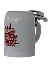 Keramik Bierkrug mit Klingel und Spruch 