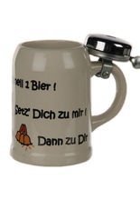 Keramik Bierkrug mit Klingel und Spruch - Schnell ein Bier!