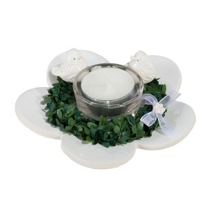 Kerzenteller mit Buchskranz und Vögeln