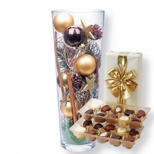 Kugelvase Bright Gold (40 cm) und Pralin