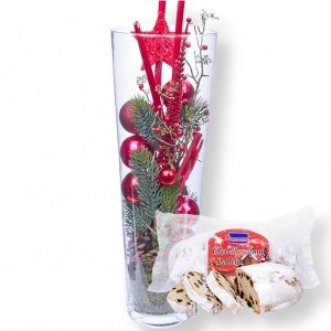 Kugelvase Ruby Red (50 cm) und Stollen (