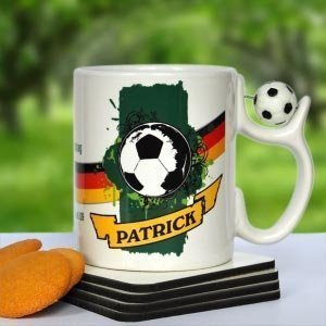 Persönliche Tasse mit Fußball-Logo und Platz für langen Text