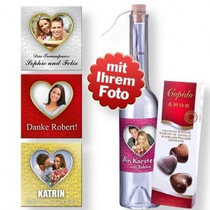 Personalisierte Foto-Flaschenpost Liebe und Pralinen-Herzen