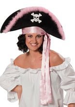 Piratin Hut Satin Totenkopf rosa-schwarz