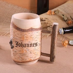 Privatglas Bierkrug aus Holz graviert mit Wunschnamen, Länge: 150 mm, Birkenholz