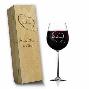 Rotweinglas in Holzkiste *Muttertag*