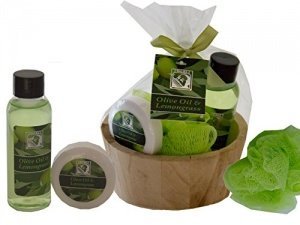 Salsacollection "Olive" kleine runde Holzschale Geschenkset Pflegeset bestückt mit 3 Pflegeprodukte