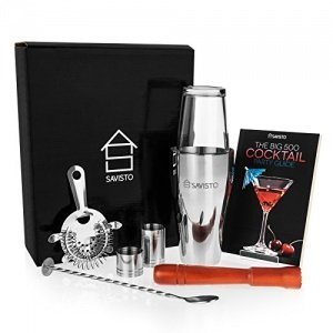 Savisto Premium Cocktail Set mit Boston Cocktail Schüttelbecher, Glas, Rezeptbuch mit 500 Rezepten,