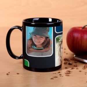 Schwarze Tasse mit moderner Foto-Collage