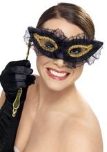 Stab-Augenmaske mit Spitze, schwarz-gold
