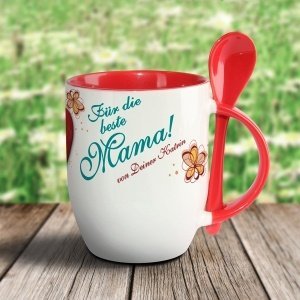 Tasse mit Löffel für die beste Mama *Herz mit Blüten*