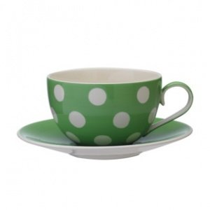 Tasse und Untertasse, grüne Punkte